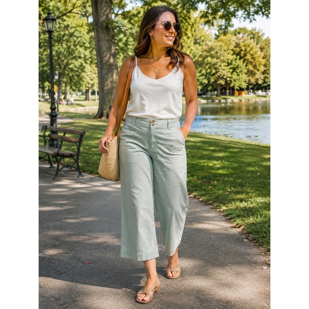 A New Day Sage Green Wide Leg Crop Stretch Pants 98% cotton  Trousers 16
